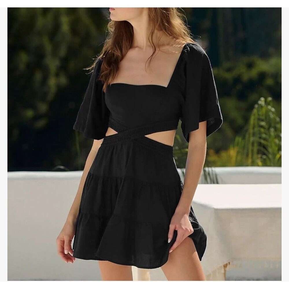 Shy Velvet Women's Summer Dress Square Neck Short Sleeves Crossover Waist Casual